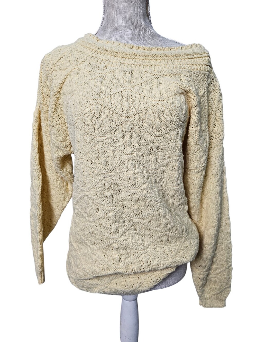 Cream Sweater 80s Chunky Knit Oversized Comfy Accordeon Small Heavy Cotton